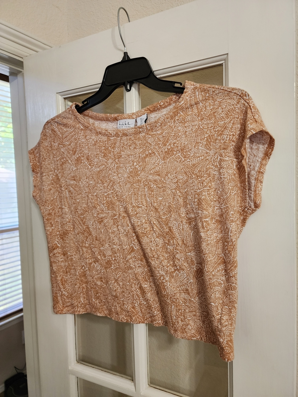 Nicole Miller Linen Top L Peachy Tan Floral Boxy Crop Cap Sleeve - Picture 2 of 10